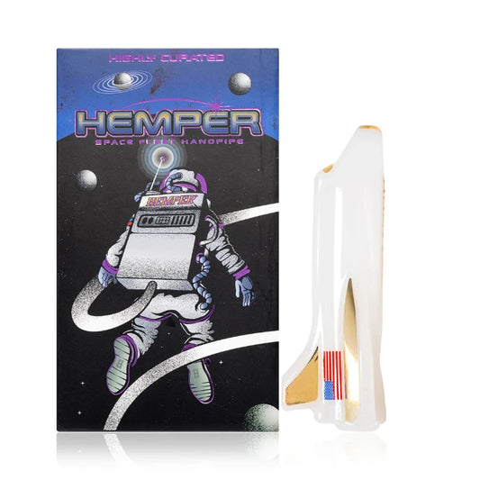 Hemper Space Shuttle Handpipe with matching illustrated box, featuring a unique space shuttle design and vibrant glass details.
