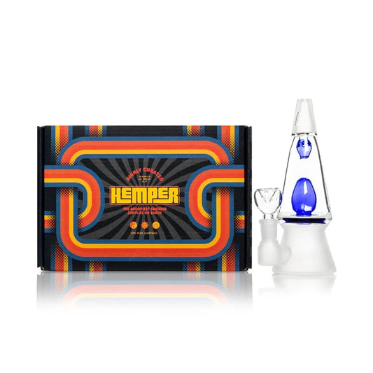 Hemper That 70’s Bong blue with matching illustrated box, groovy 70s vibe and colored accents.