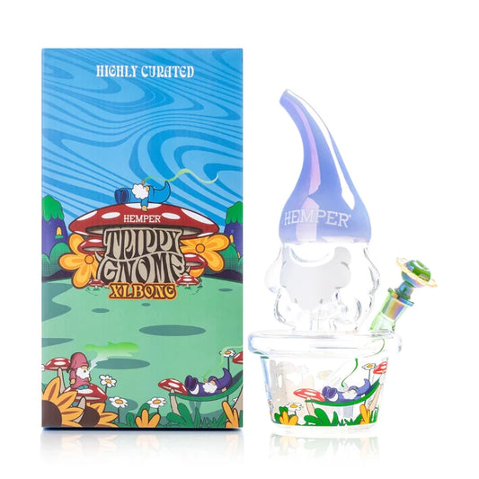 Hemper Trippy Gnome XL Bong 10.7″ with matching illustrated box, featuring a colorful psychedelic gnome design in vibrant glass.