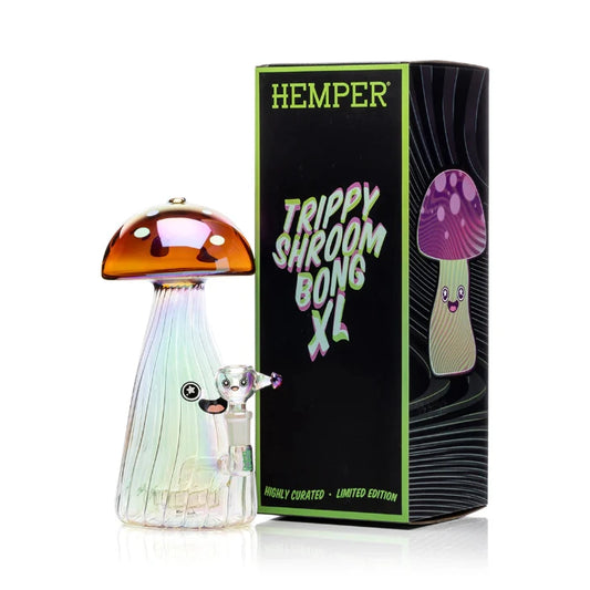 Hemper Trippy Shroom XL Bong 9.5″ with matching illustrated box, featuring a psychedelic mushroom design with vibrant glass colors.