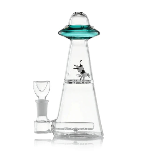 Hemper UFO Vortex Bong 7″, featuring a transparent glass bong with teal accents and vortex design for a sci-fi experience.