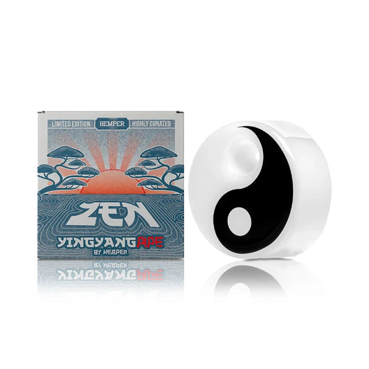 Hemper Yin-Yang Handpipe with matching illustrated box, featuring a black and white yin-yang design in glossy glass.