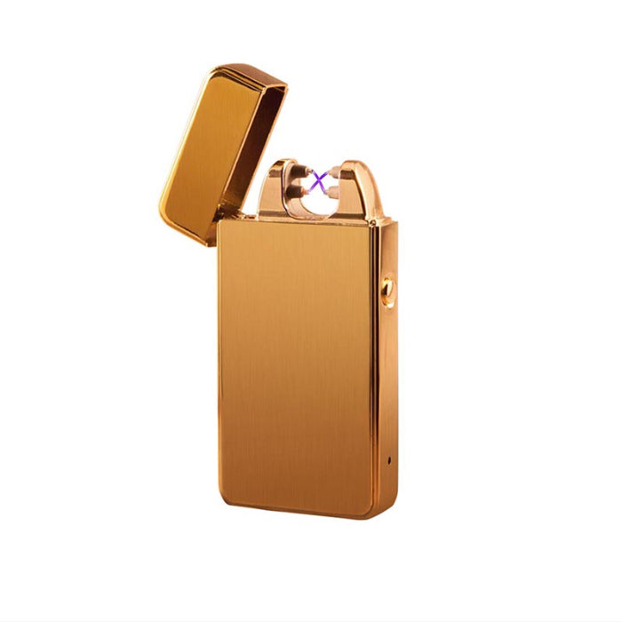 Novi Plasma Lighter Gold, standing position with plasma arc glowing.