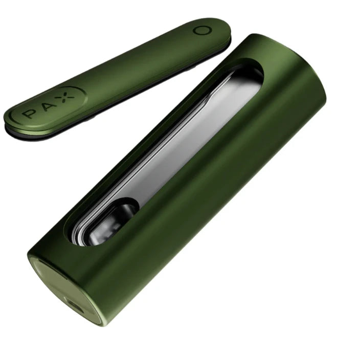 PAX Flow Greenstone portable vaporizer exploded view with open oven door.