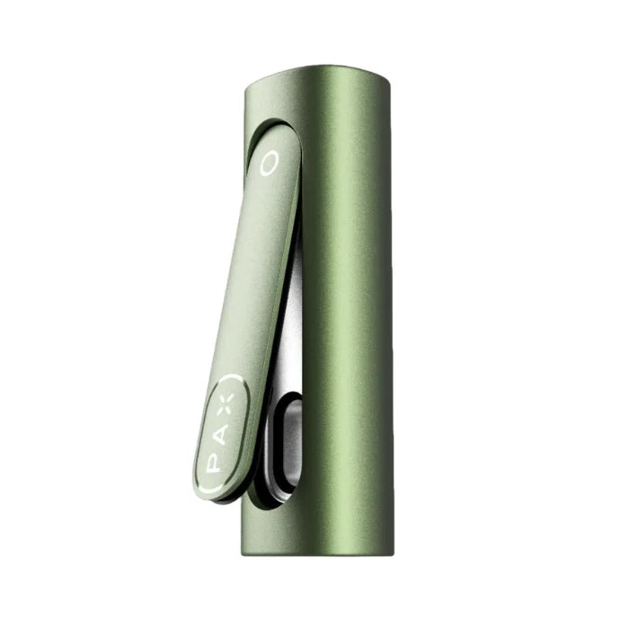 PAX Flow greenstone portable vaporizer open, showing chamber.