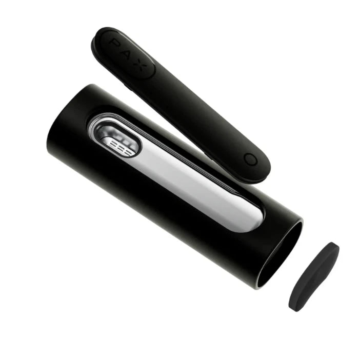 PAX Flow Onyx portable vaporizer exploded view with open oven door and open mouthpiece.