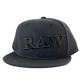 RAW® Flat Bill Snap Back Hat with Black Logo and Poker, resting on a surface.
