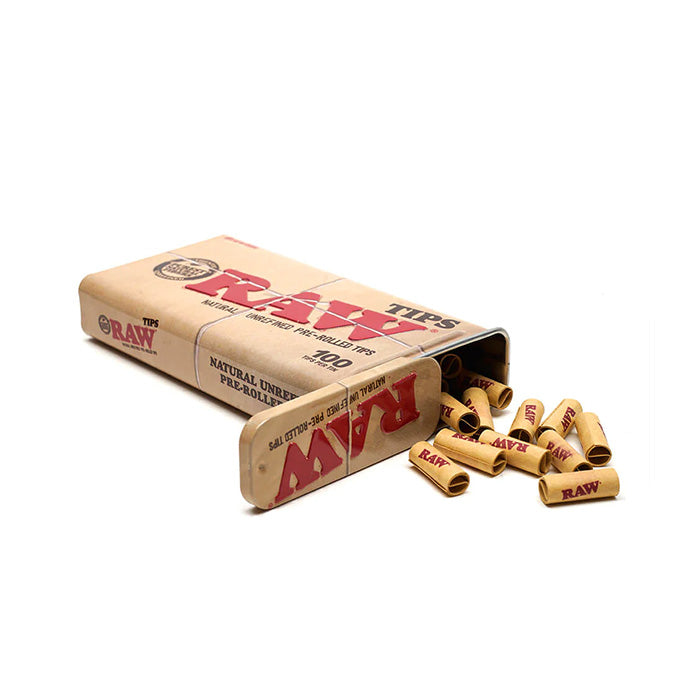Close-up of Raw Pre-rolled Tips Tin of 100, open with filters coming out.