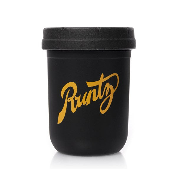 Re:stash X Runtz Black & Gold Mason Stash Jar 8oz, standing upright front view.