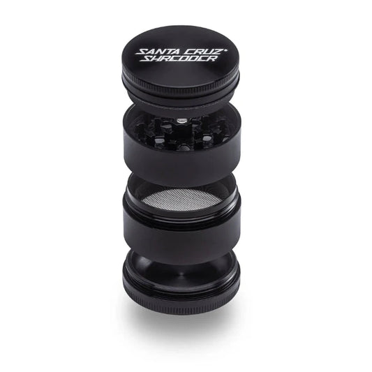 Santa Cruz Shredder® Metal 4 Parts 54mm Black Grinder, open, posed flat to show interior.