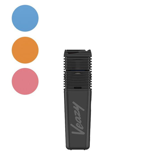 Storz & Bickel VEAZY Alluring Black vaporizer standing with color indicator dots showing Dynamic Blue, Inspiring Orange, and Charming Pink.