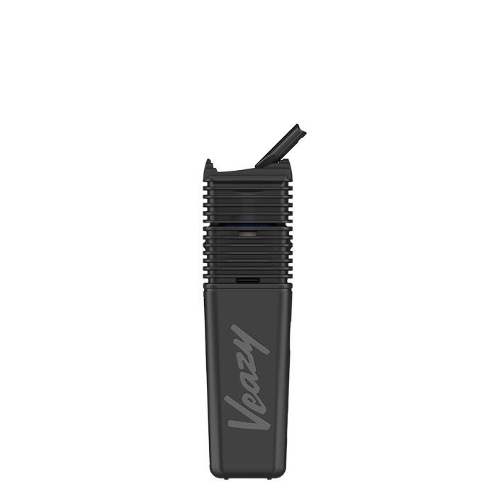 Storz & Bickel VEAZY Alluring Black vaporizer standing with mouthpiece in use position.