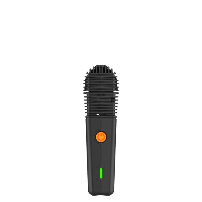 Storz & Bickel VEAZY Alluring Black vaporizer standing showing the side with the power button and LED indicator.