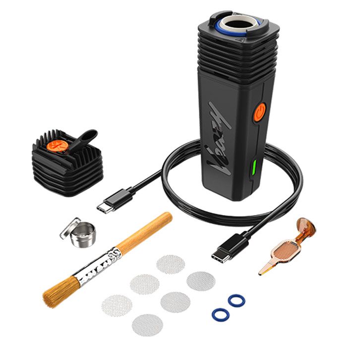 Storz & Bickel VEAZY Alluring Black vaporizer standing surrounded by all included accessories.