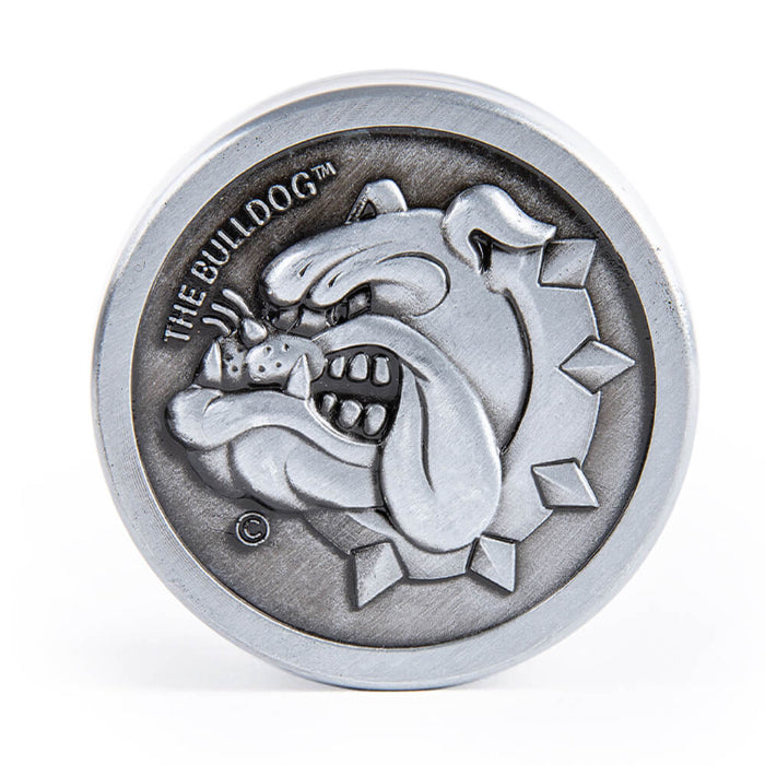 The Bulldog® Original Worldwide 3 Parts 40mm Metal Grinder, closed, standing on its side.