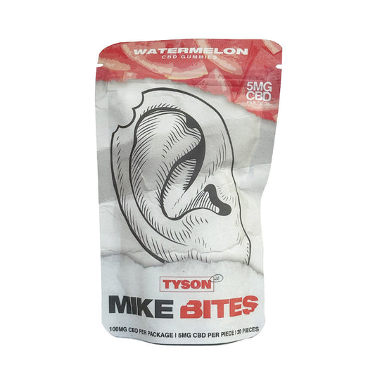 Tyson 2.0 Mike Bites CBD Gummies Watermelon, doypack with bitten ear design.