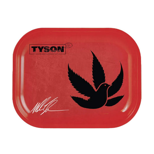 Tyson 2.0 Pidgeon Red Metal Rolling Tray 11.5” featuring a bold red design and logo.