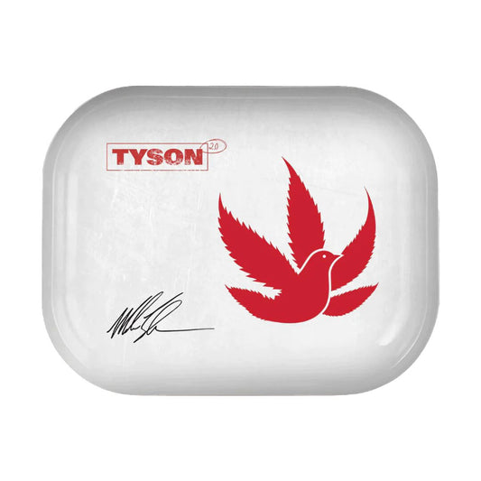 Tyson 2.0 Pidgeon White Metal Rolling Tray 11.5” with sleek white design and logo.