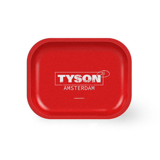 Tyson 2.0 Tyson Amsterdam Red Metal Rolling Tray Medium with bold red design and Tyson 2.0 logo.