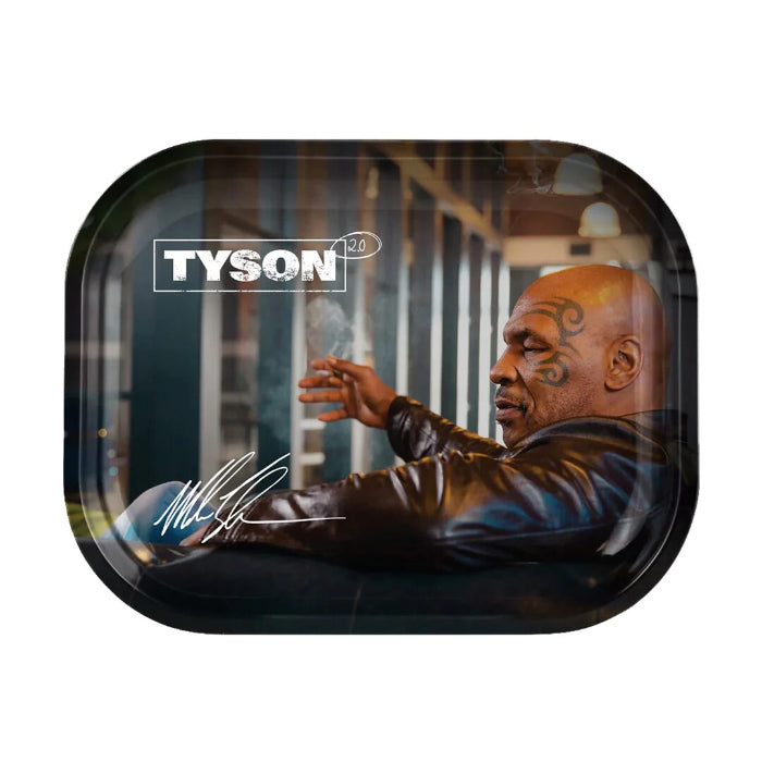 Tyson 2.0 Tyson Chair Metal Rolling Tray 11.5” featuring Mike Tyson seated in a chair.