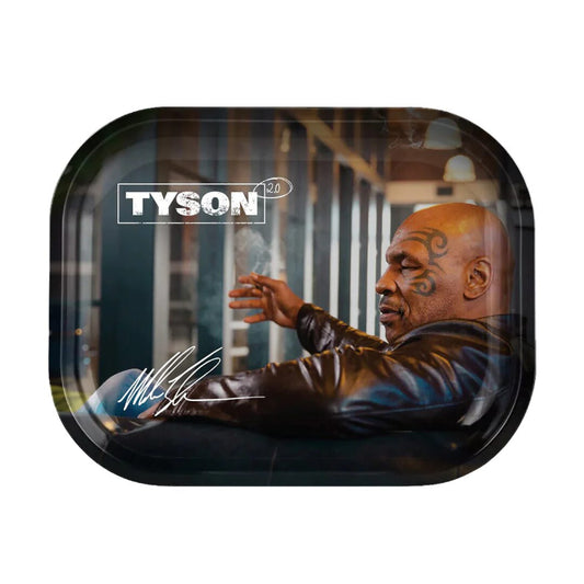 Tyson 2.0 Tyson Chair Metal Rolling Tray 11.5” featuring Mike Tyson seated in a chair.