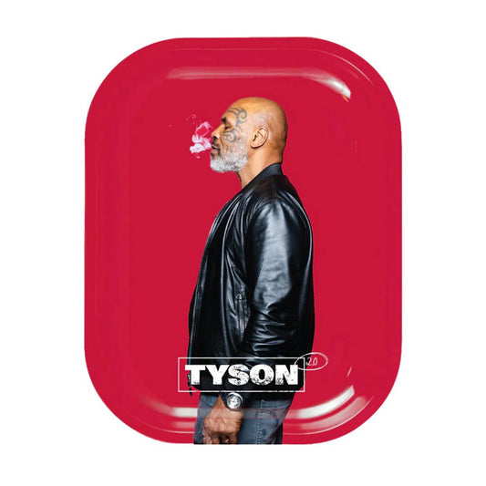 Tyson 2.0 Floating Red Metal Rolling Tray 11.5” with Mike Tyson profile on red background.