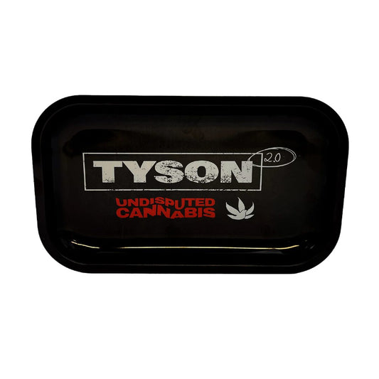Tyson 2.0 Undisputed Black Metal Rolling Tray 11.5” with a sleek black design and logo.