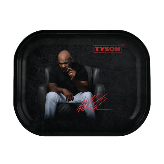 Tyson 2.0 Up in Smoke Metal Rolling Tray 11.5", featuring Mike Tyson lounging and smoking.